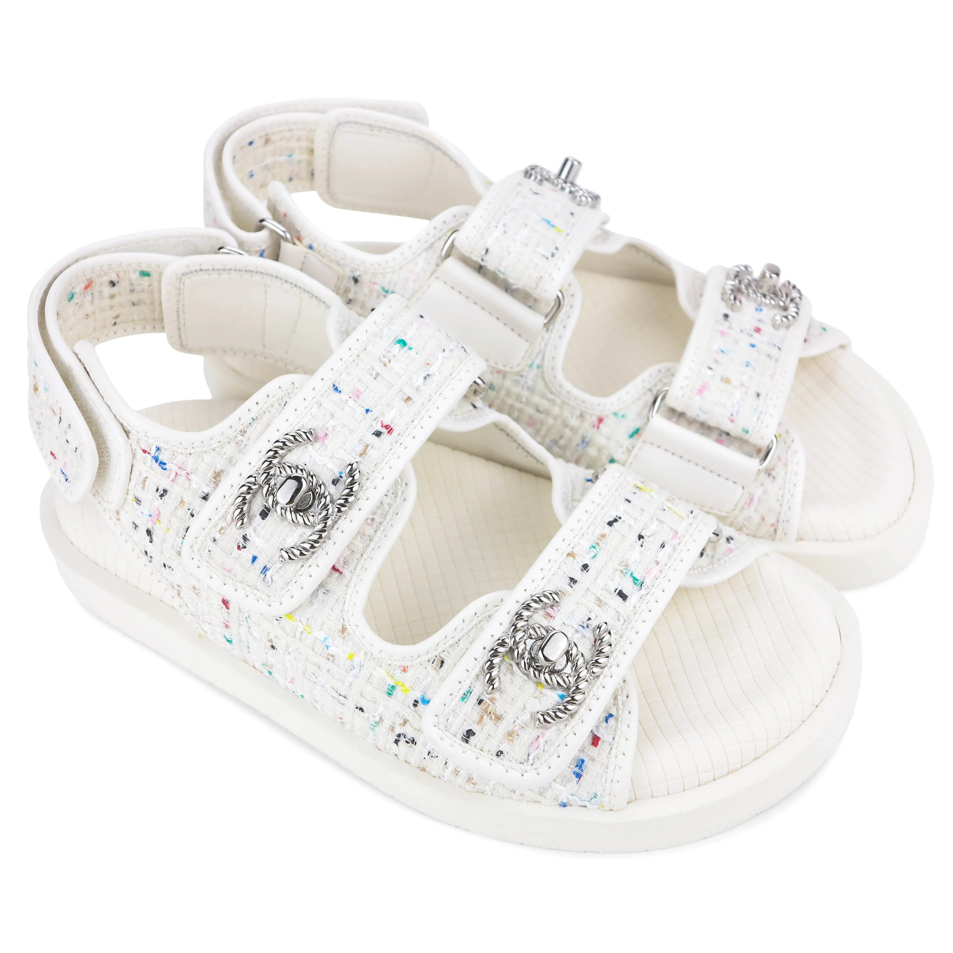 19S White Multicolor Tweed CC 'Dad' Velcro Sandals Sz34