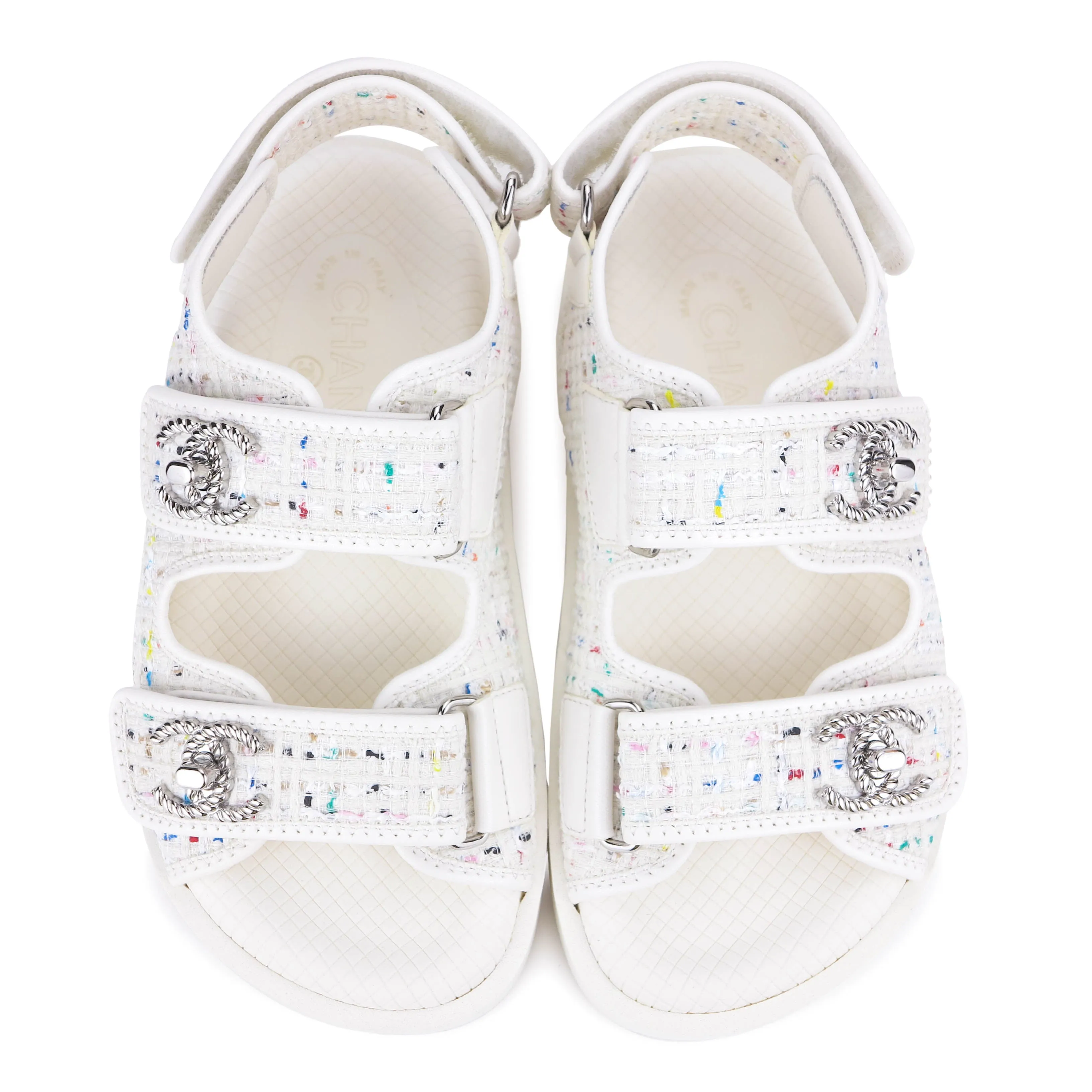 19S White Multicolor Tweed CC 'Dad' Velcro Sandals Sz34