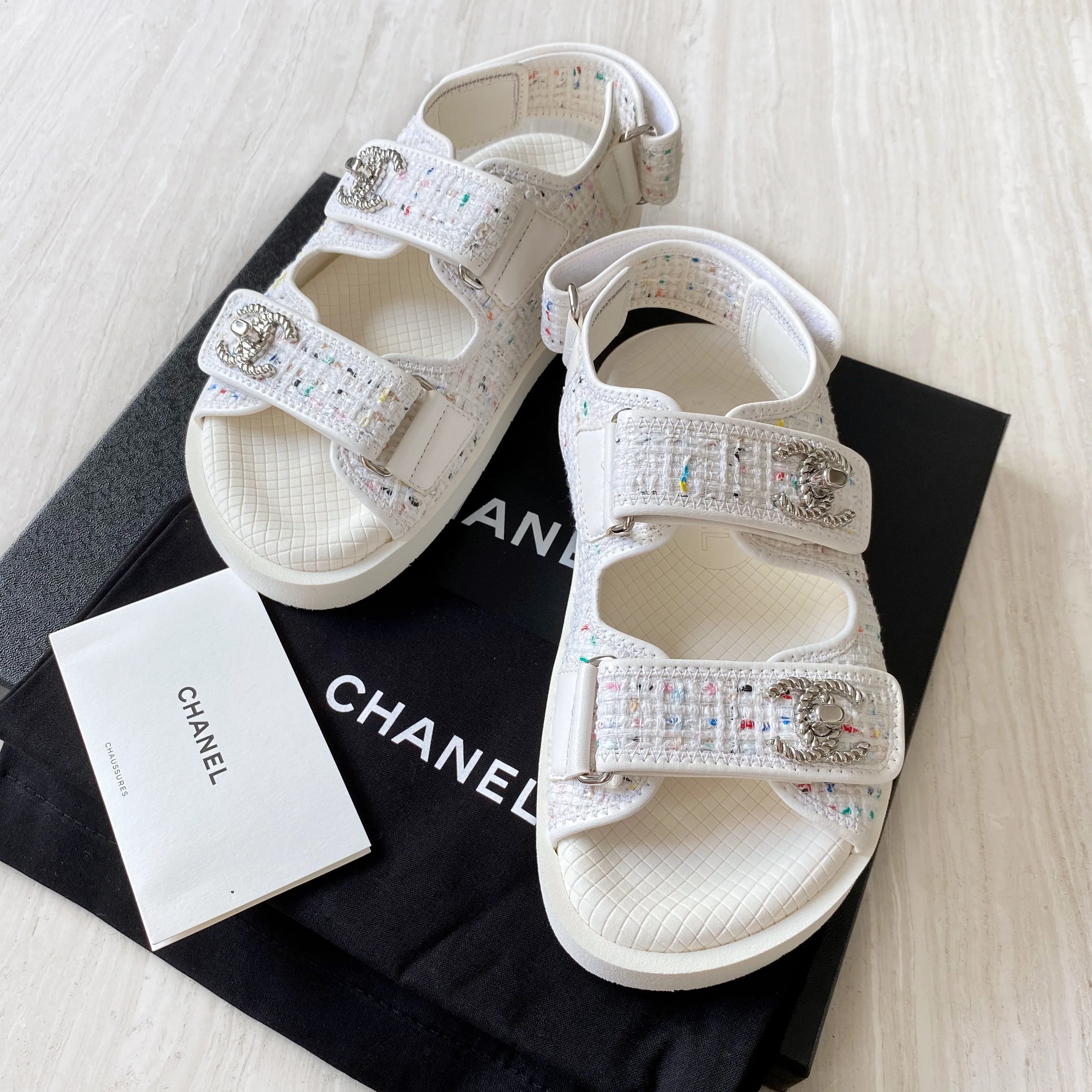 19S White Multicolor Tweed CC 'Dad' Velcro Sandals Sz34