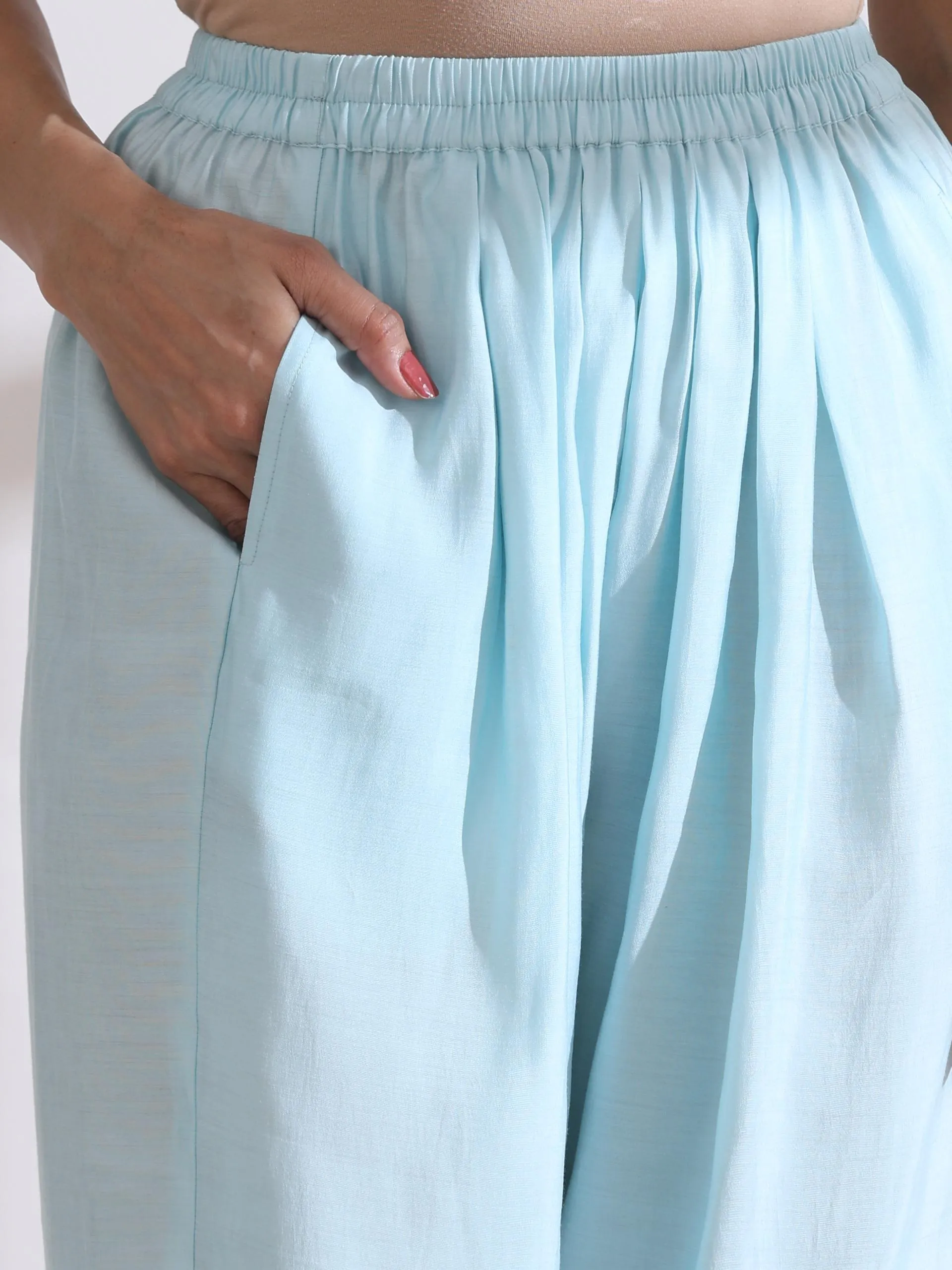 2 Pc Set - Airskin Light Blue With White Flowers Kurta And Pants