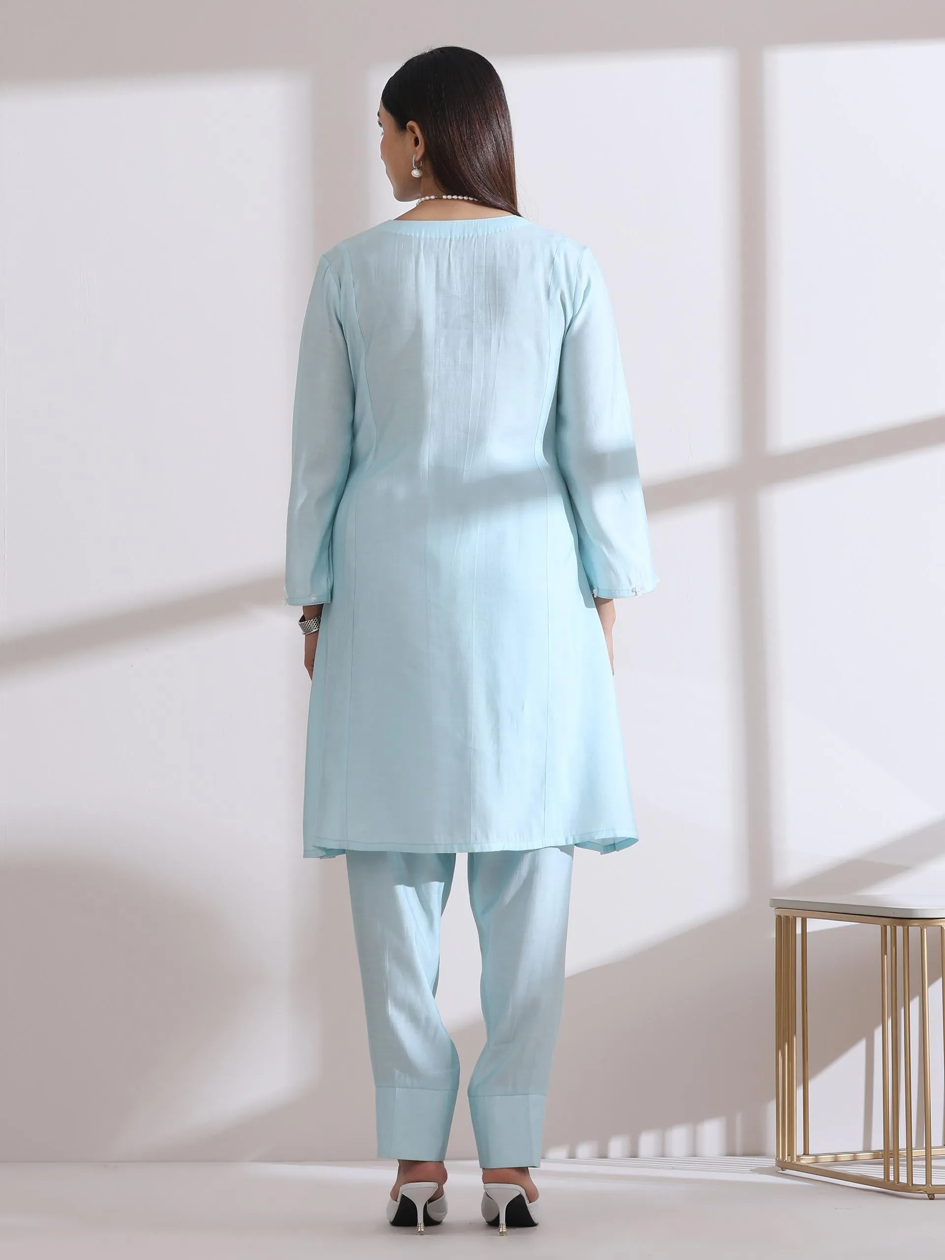 2 Pc Set - Airskin Light Blue With White Flowers Kurta And Pants