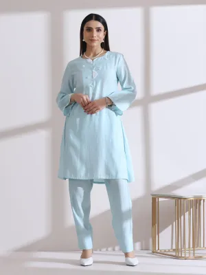 2 Pc Set - Airskin Light Blue With White Flowers Kurta And Pants