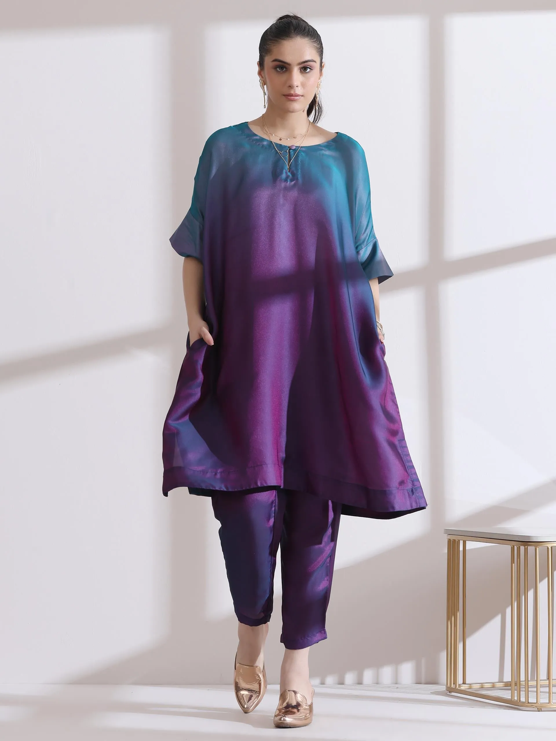 2 Pc Set - Rarity Soft Chiffon Satin Ombre Easy Kurta With Pants