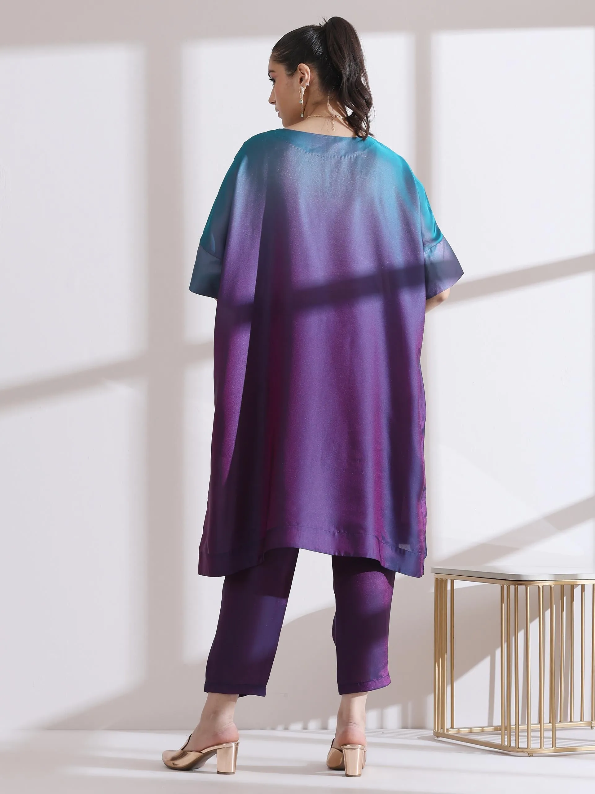 2 Pc Set - Rarity Soft Chiffon Satin Ombre Easy Kurta With Pants