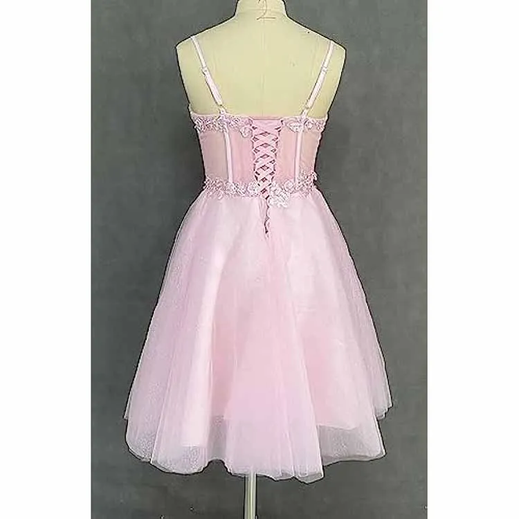 3D Flowers Glitte Tulle Homecoming Dress Spaghetti Straps Sweetheart Short Prom Dress