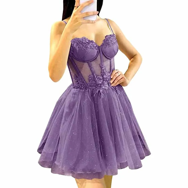 3D Flowers Glitte Tulle Homecoming Dress Spaghetti Straps Sweetheart Short Prom Dress