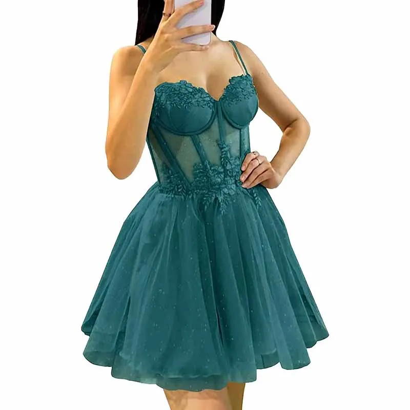 3D Flowers Glitte Tulle Homecoming Dress Spaghetti Straps Sweetheart Short Prom Dress