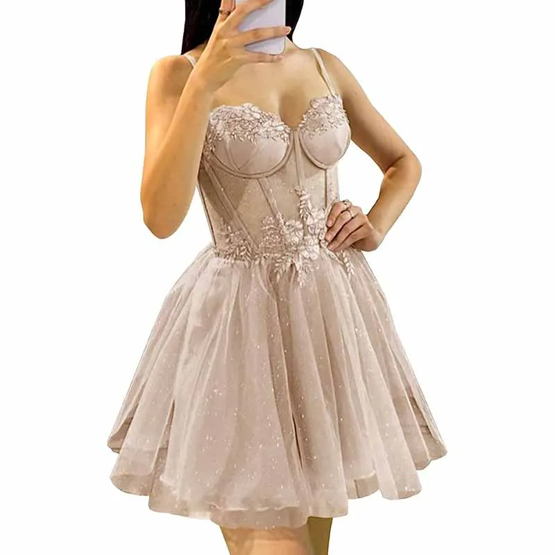 3D Flowers Glitte Tulle Homecoming Dress Spaghetti Straps Sweetheart Short Prom Dress