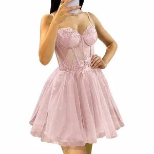 3D Flowers Glitte Tulle Homecoming Dress Spaghetti Straps Sweetheart Short Prom Dress