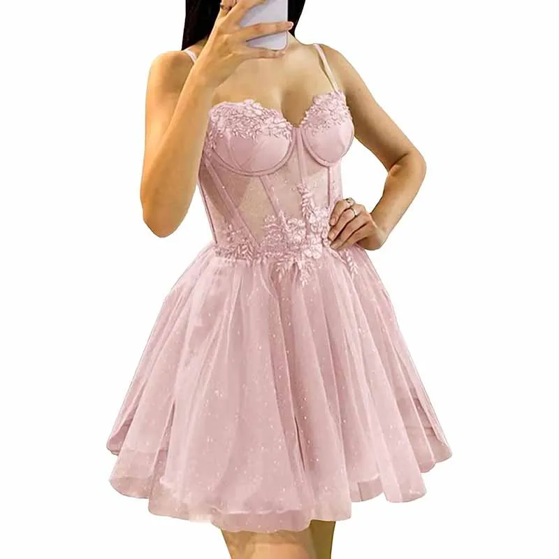 3D Flowers Glitte Tulle Homecoming Dress Spaghetti Straps Sweetheart Short Prom Dress