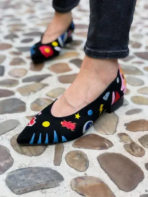 A New Universe Vegan Embroidered Eco Suede Ballerinas | Black