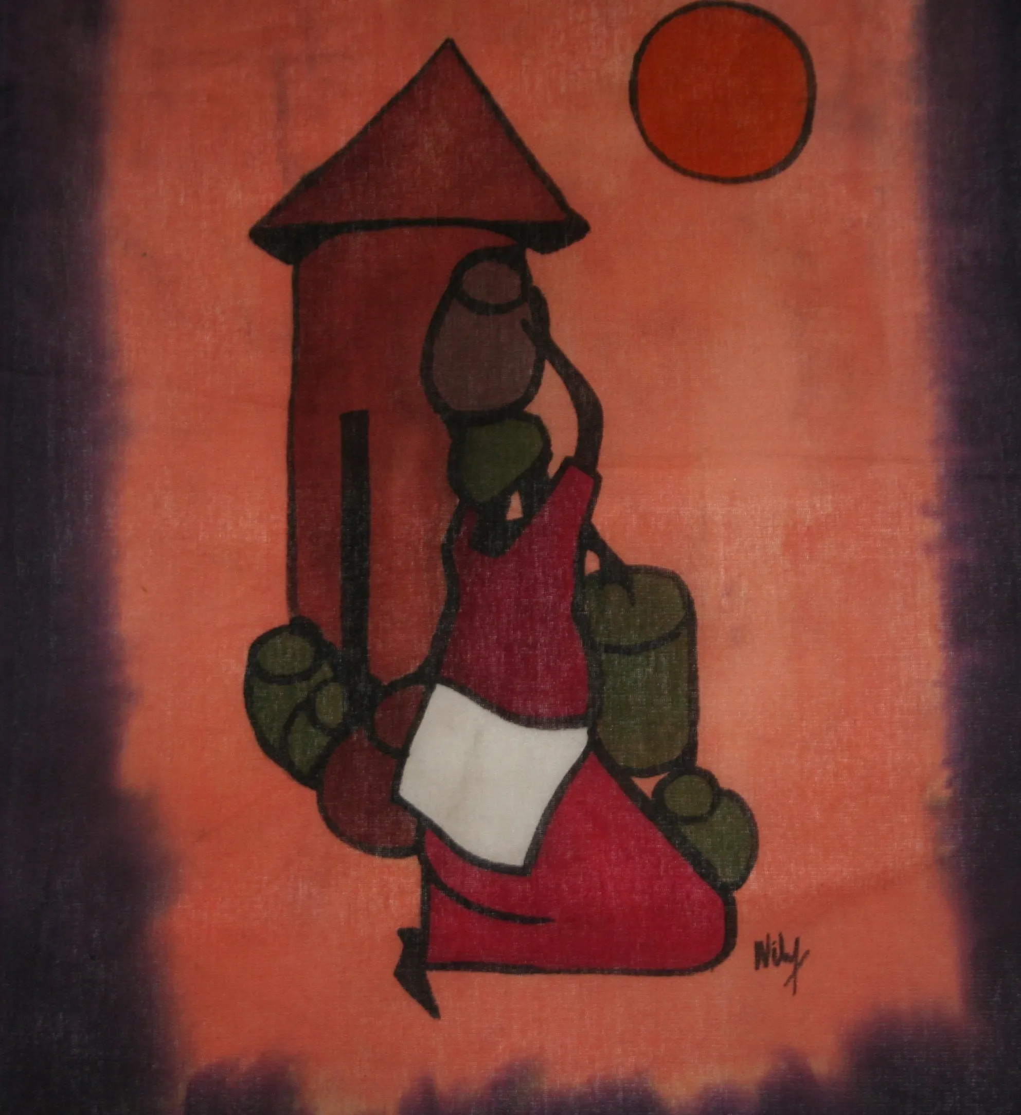 African Batik Tribal Woman With Pots in 26" X 18" Signed By Artist