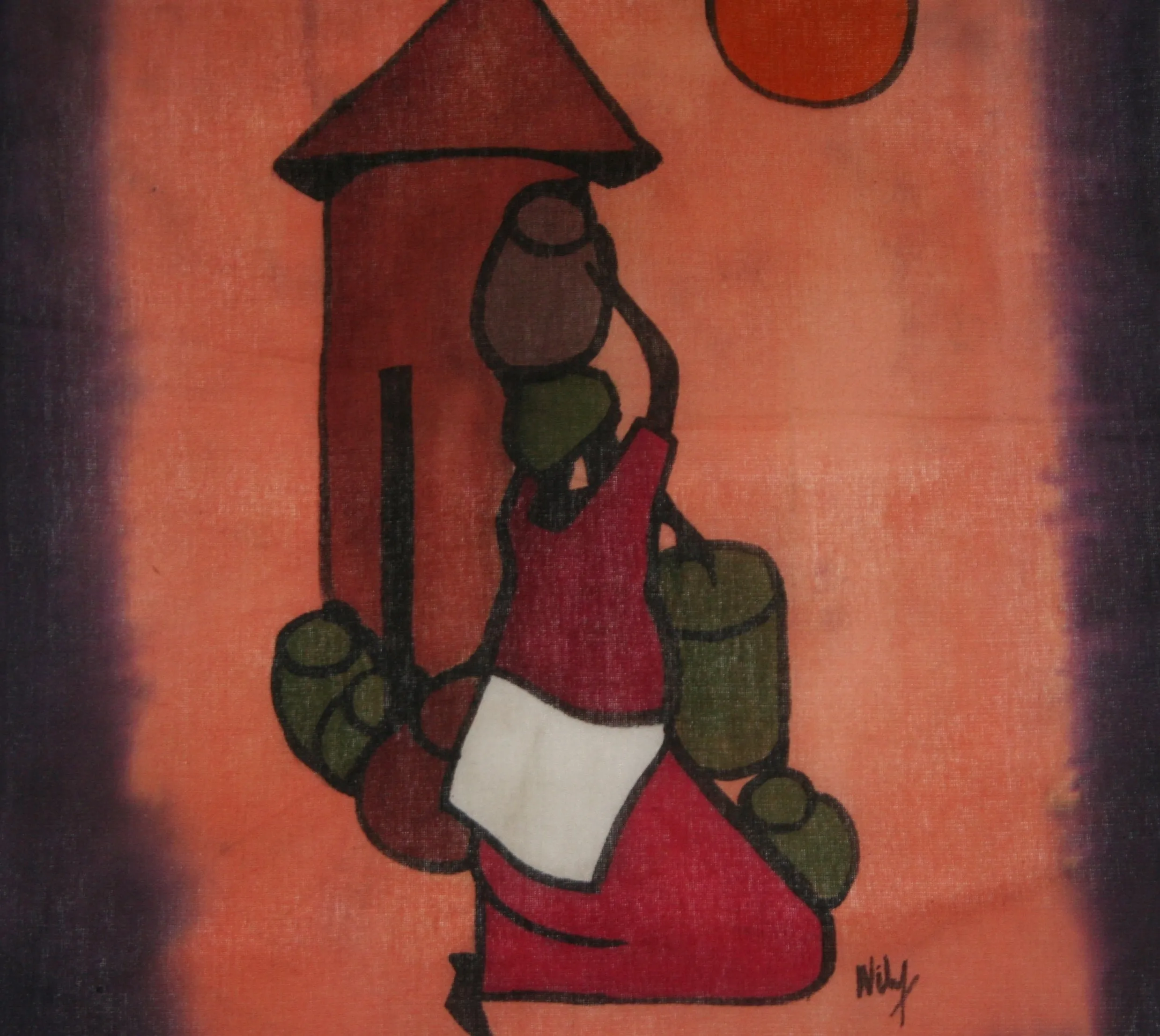 African Batik Tribal Woman With Pots in 26" X 18" Signed By Artist