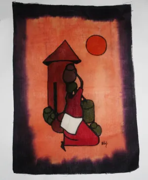 African Batik Tribal Woman With Pots in 26" X 18" Signed By Artist
