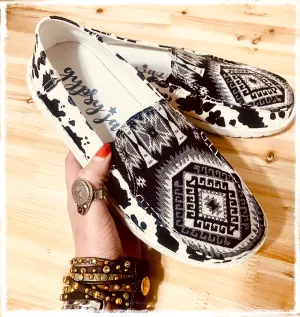 Aztec   Cow Print Slip On Shoes