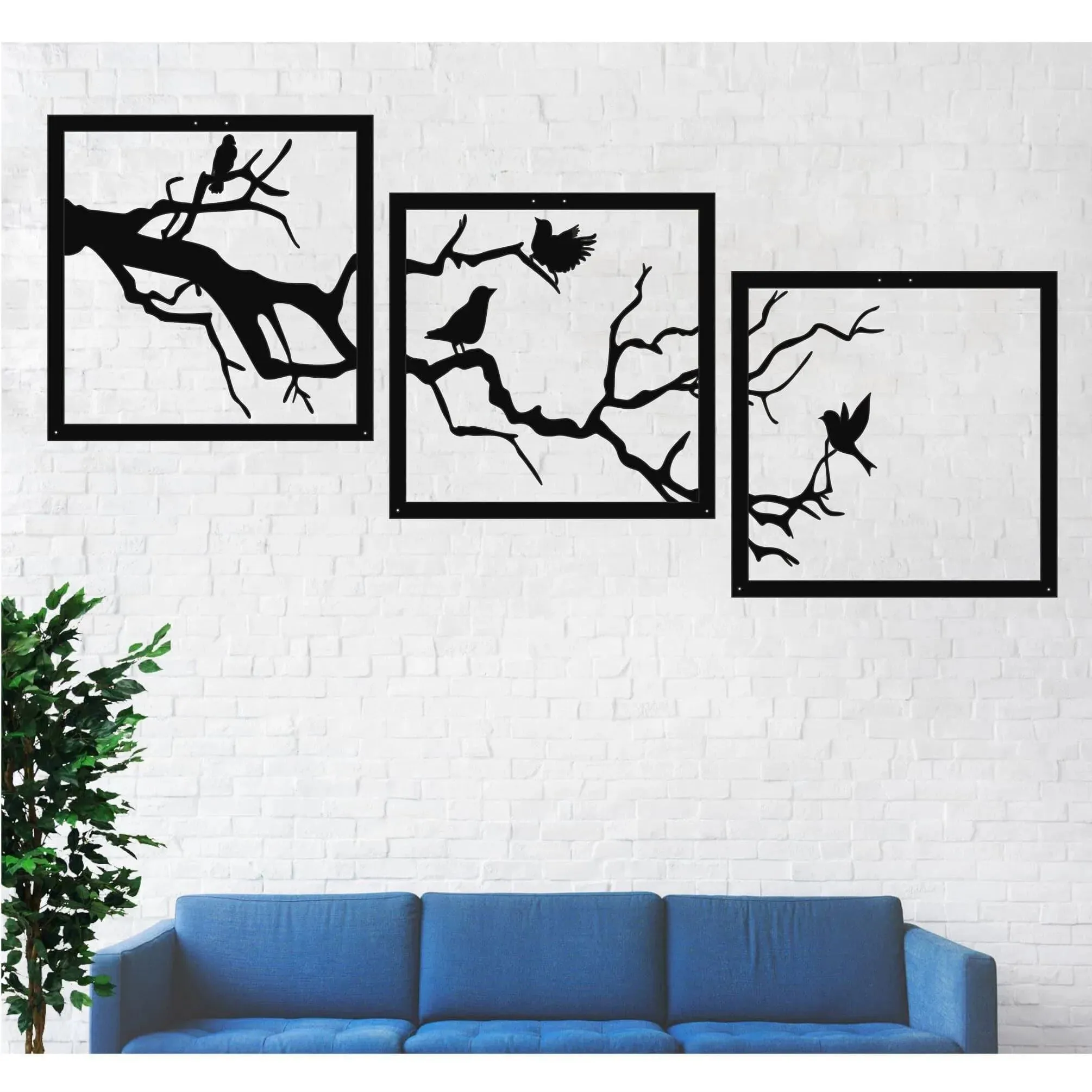 Birds on Branch Wall Art - 3 Panels Metal Wall Decor