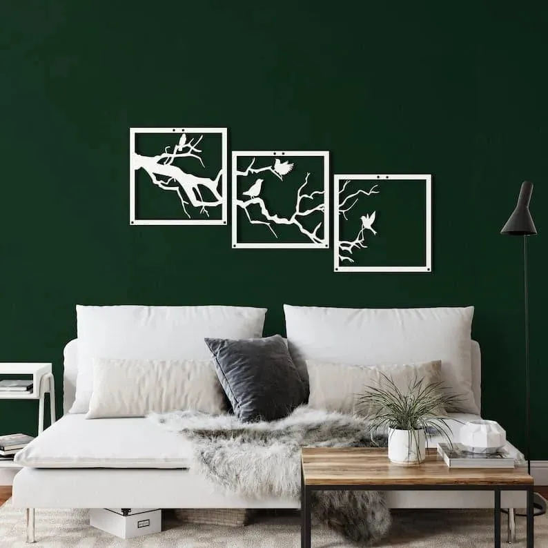 Birds on Branch Wall Art - 3 Panels Metal Wall Decor