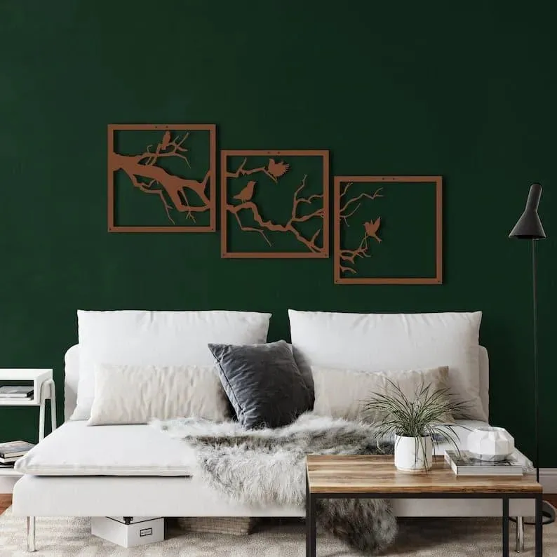 Birds on Branch Wall Art - 3 Panels Metal Wall Decor