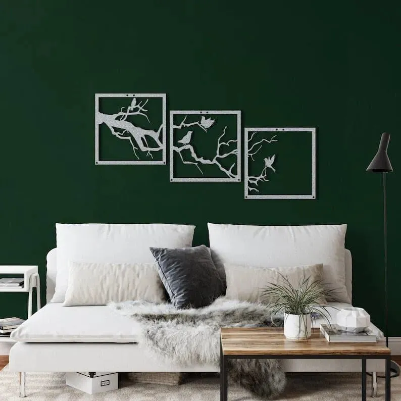 Birds on Branch Wall Art - 3 Panels Metal Wall Decor