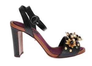 Black Crystal Leather Sandals Shoes