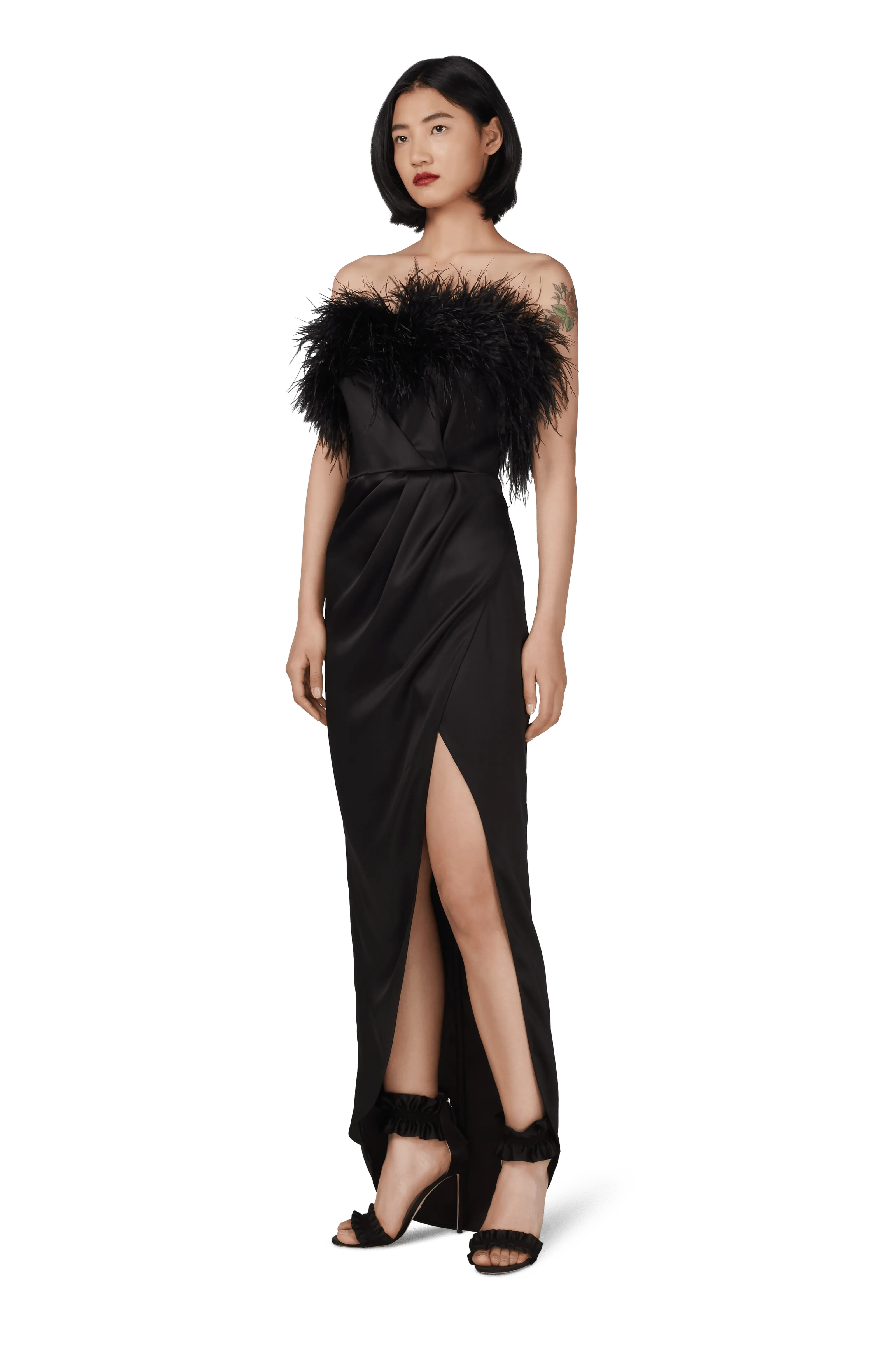 Black Double Silk Satin Feather Draped Dress
