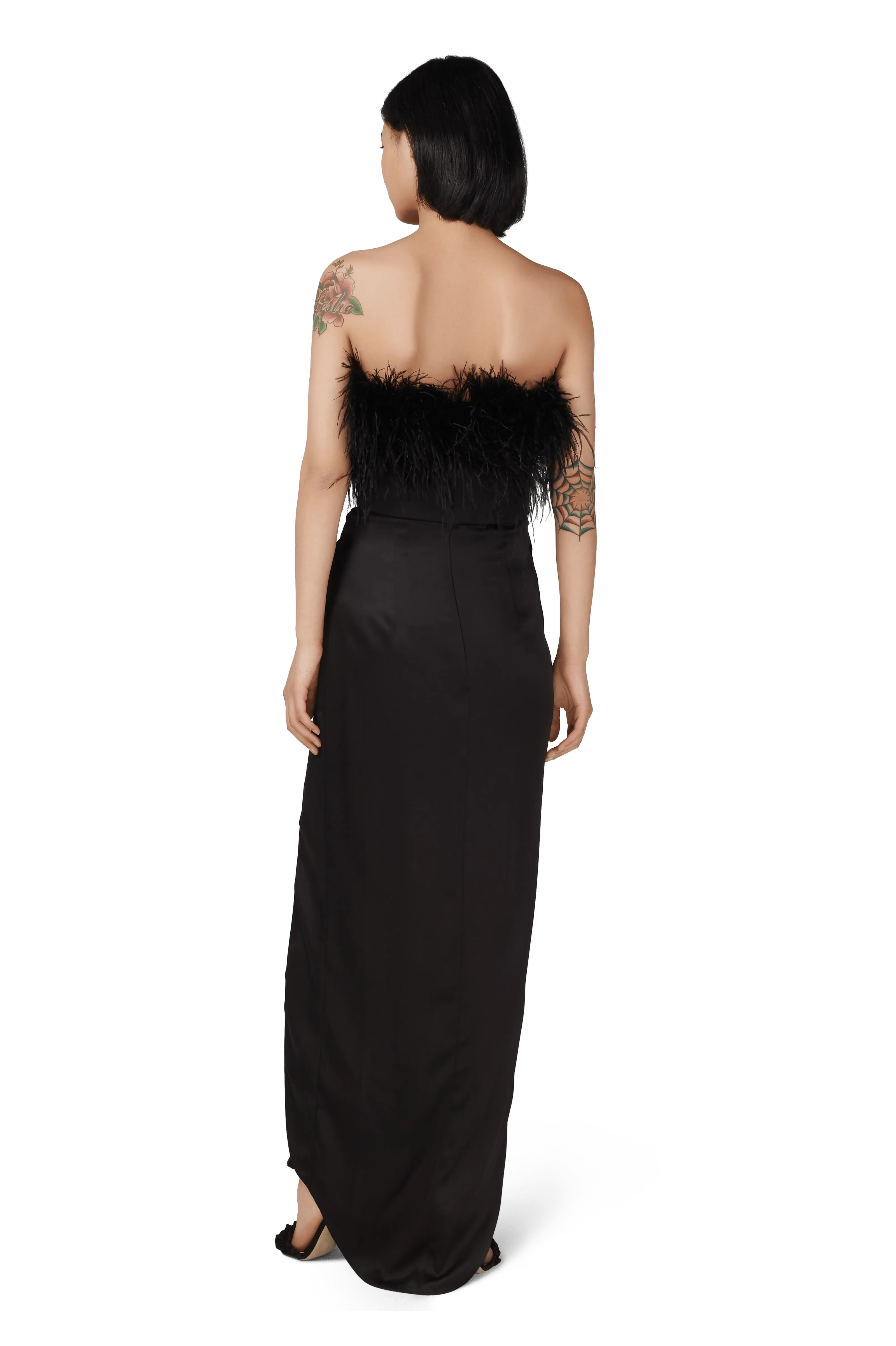 Black Double Silk Satin Feather Draped Dress