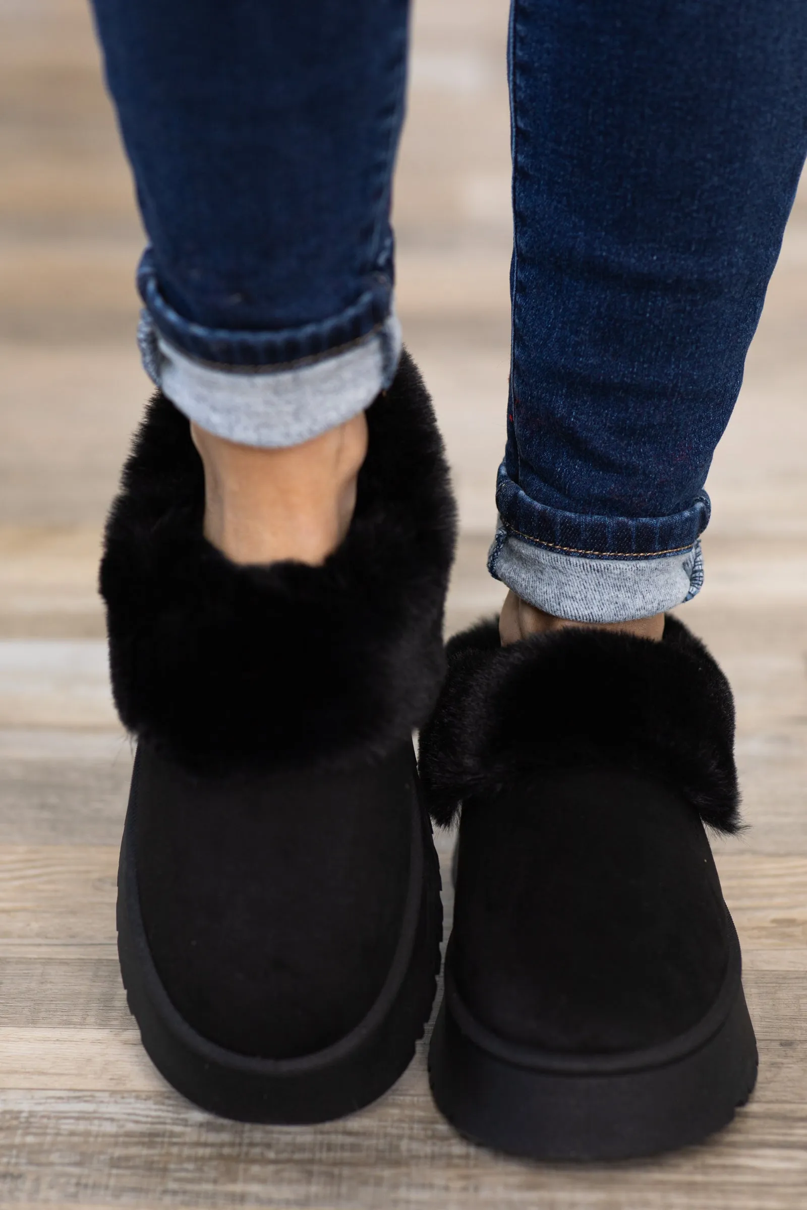 Black Faux Fur Lined Slip On Shoes