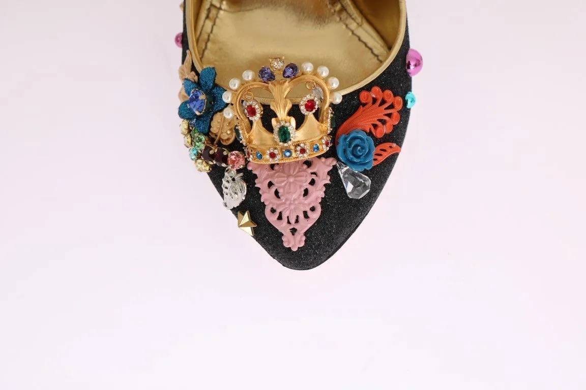Black Glitter Leather Crystal Crown Pumps