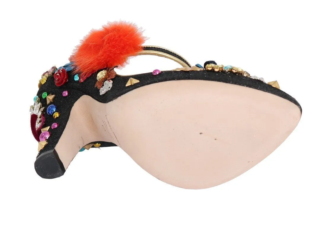 Black Glitter Leather Crystal Crown Pumps