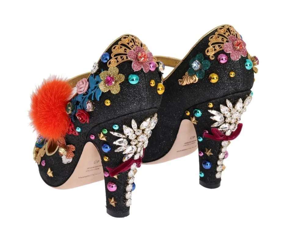 Black Glitter Leather Crystal Crown Pumps