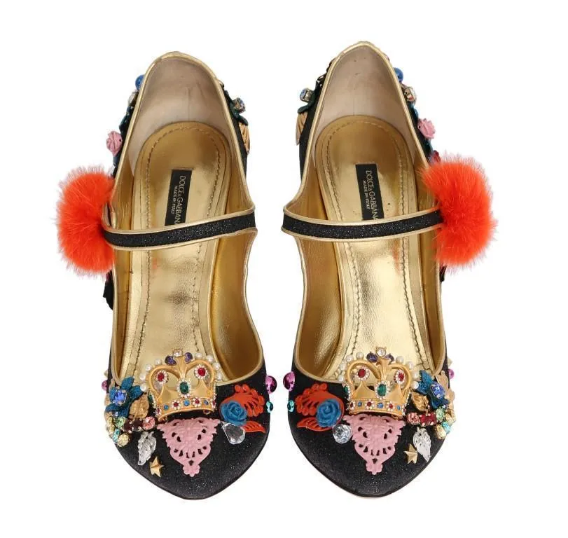 Black Glitter Leather Crystal Crown Pumps