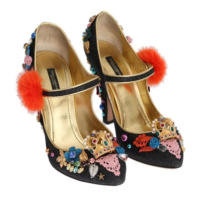 Black Glitter Leather Crystal Crown Pumps
