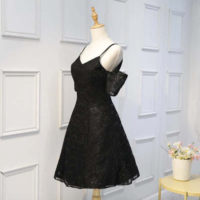 Black Lace with Sequins Homecoming Dresses, Lovely Handmade Short Prom Dress