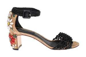 Black Leather Cork Floral Crystal Shoes