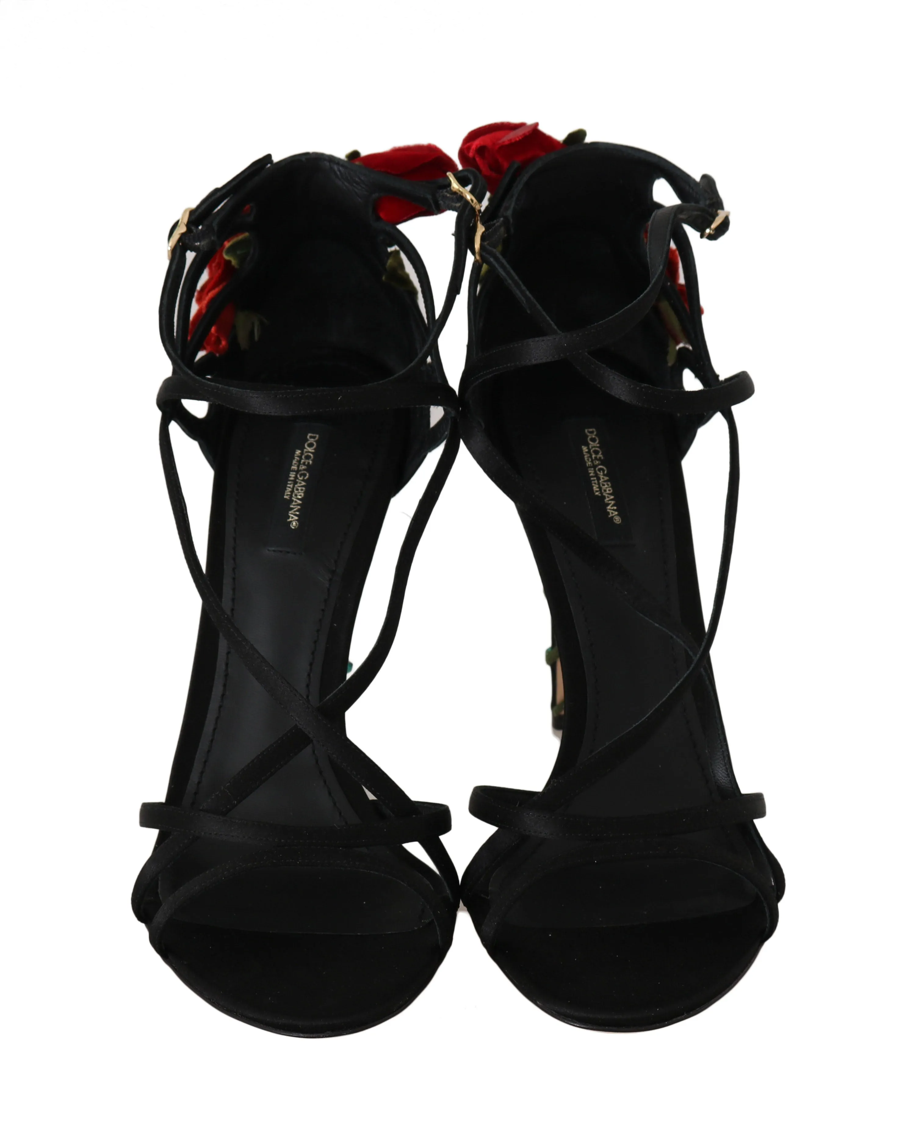 Black Leather Roses Crystal Sandals