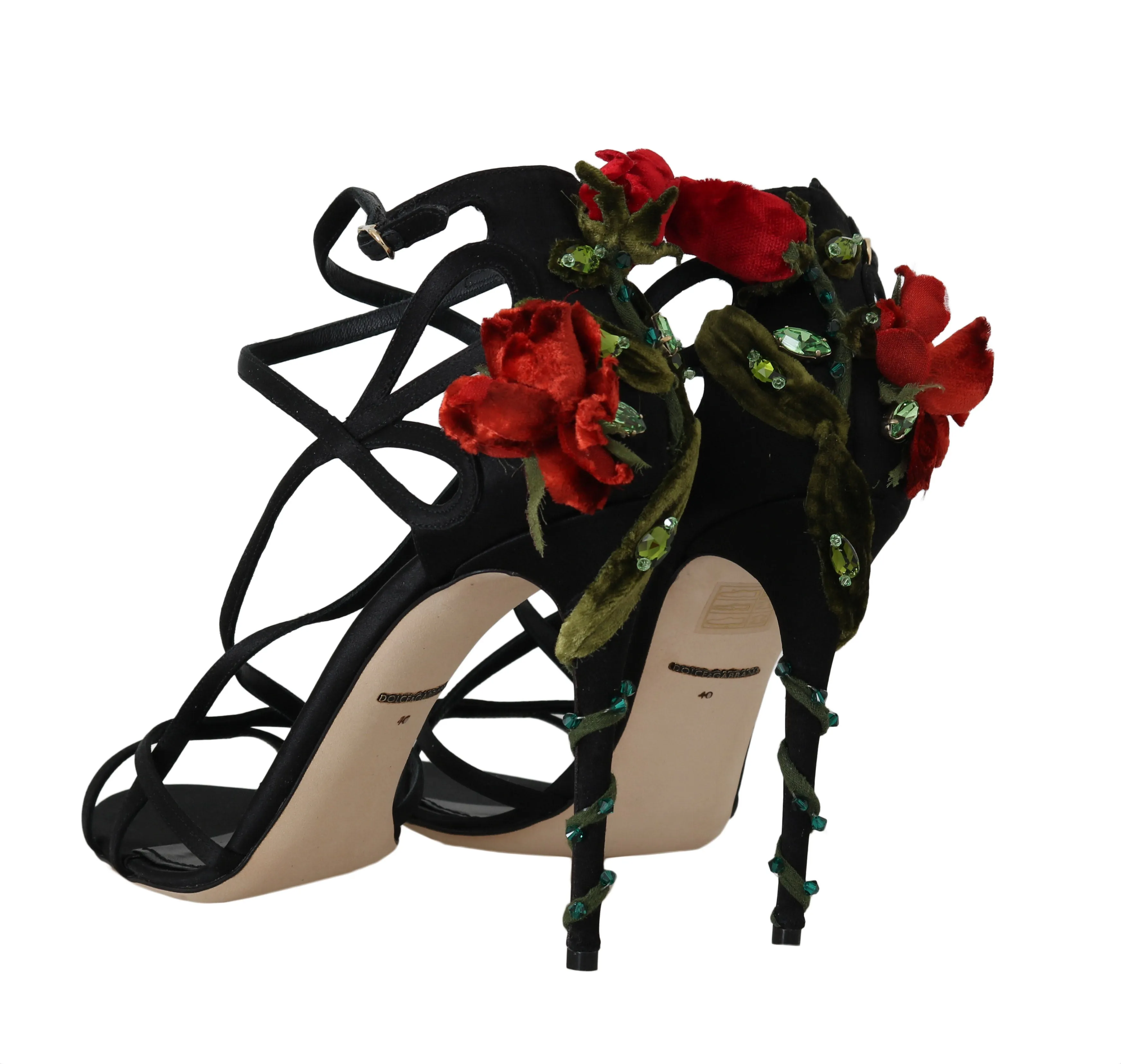 Black Leather Roses Crystal Sandals