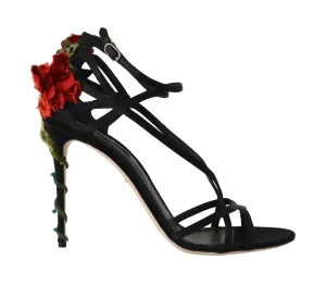 Black Leather Roses Crystal Sandals