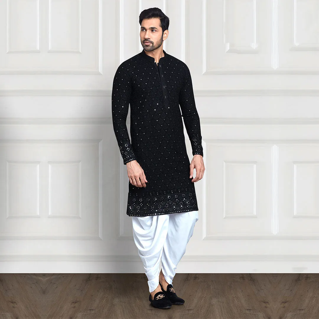Black mirror work chikankari dhoti pant kurta set