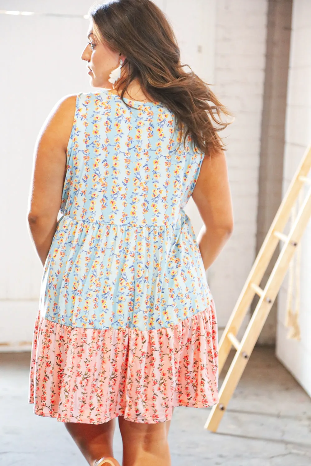 Blue & Pink Vertical Floral Tie Knot Shoulder Tiered Dress