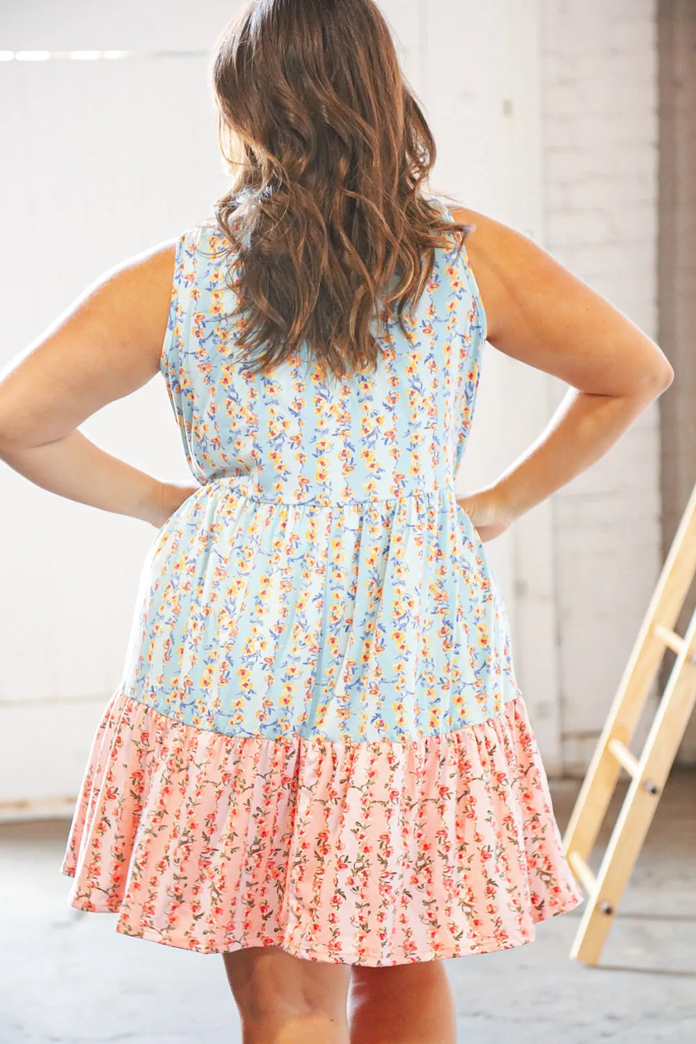 Blue & Pink Vertical Floral Tie Knot Shoulder Tiered Dress