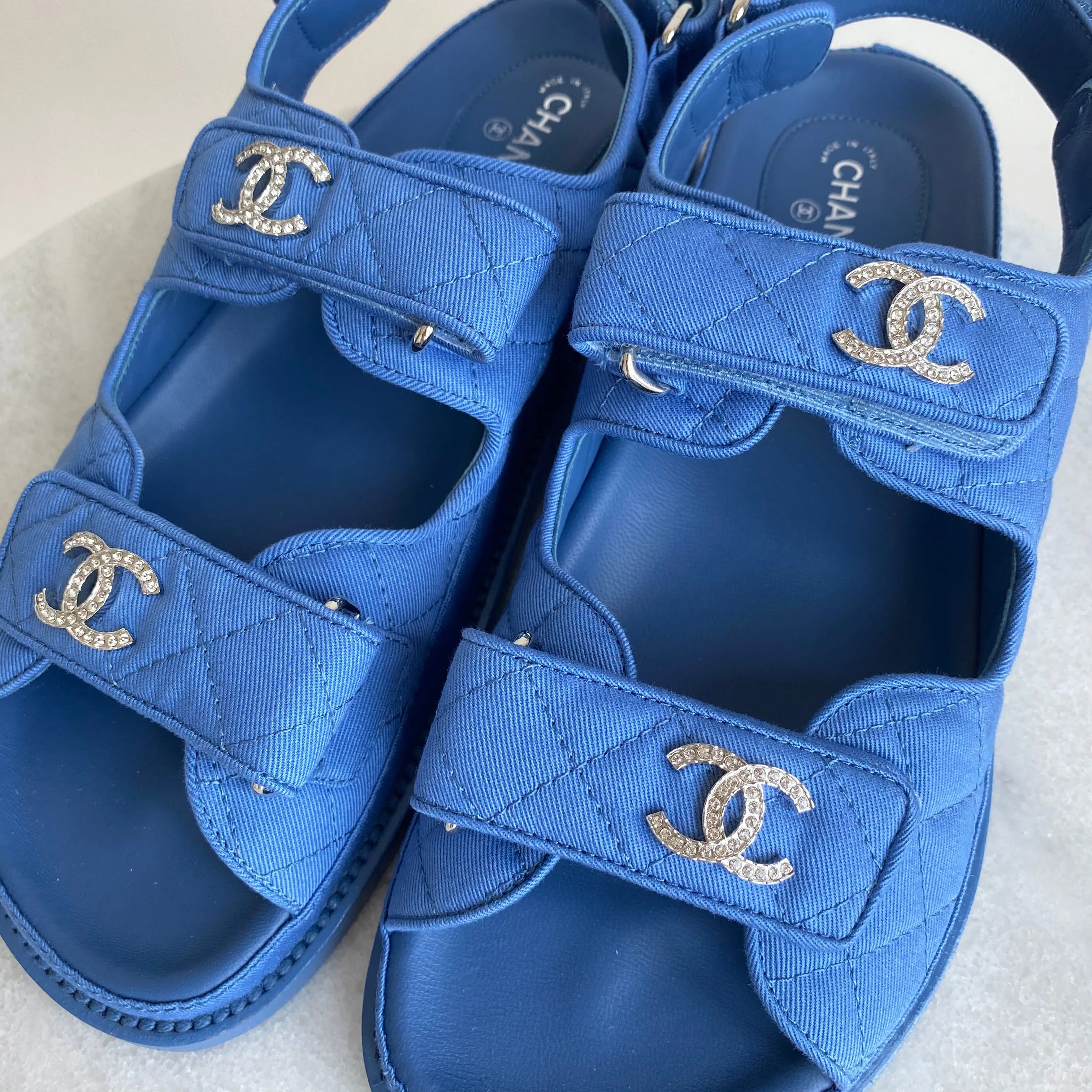 Blue Fabric Crystal CC 'Dad' Velcro Sandals Sz38