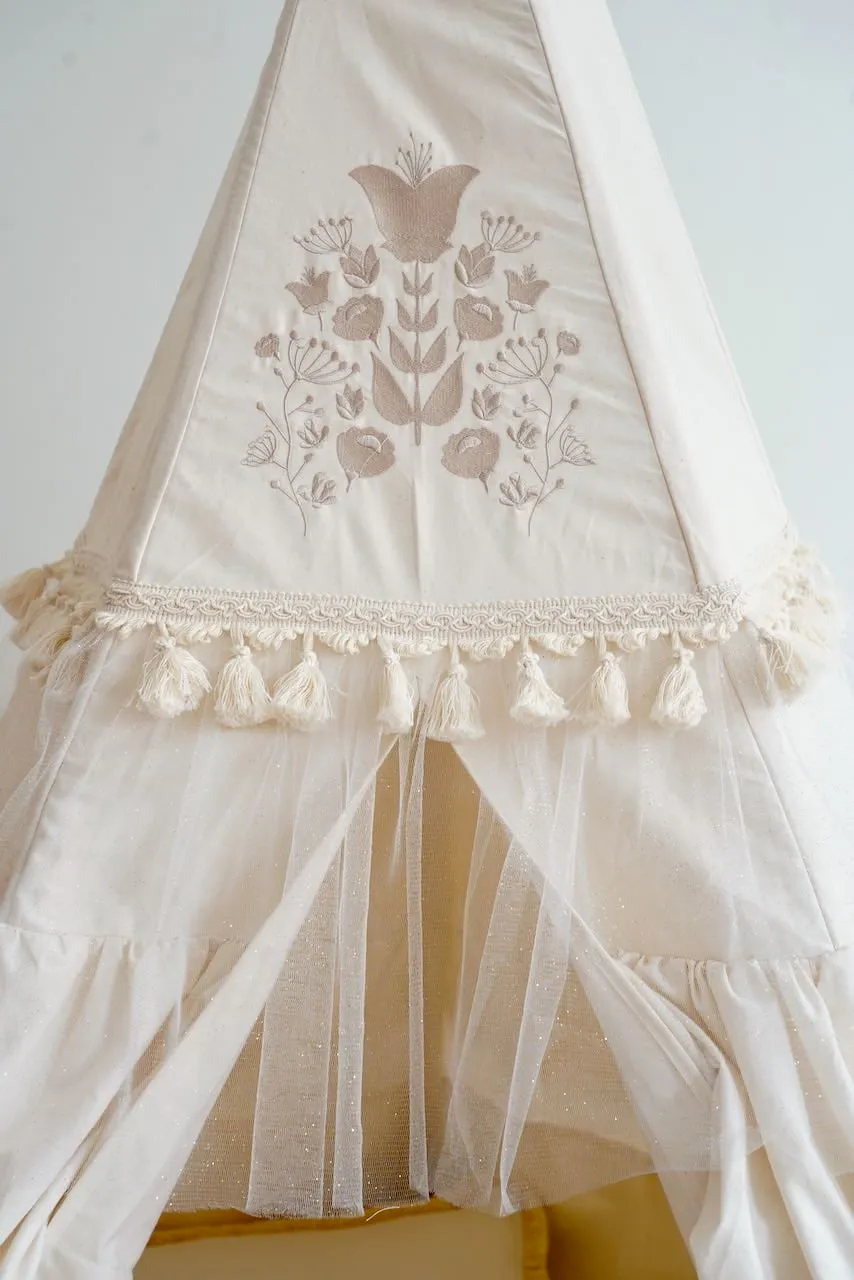 Boho Teepee With Glitter Frills And Embroidery - Beige