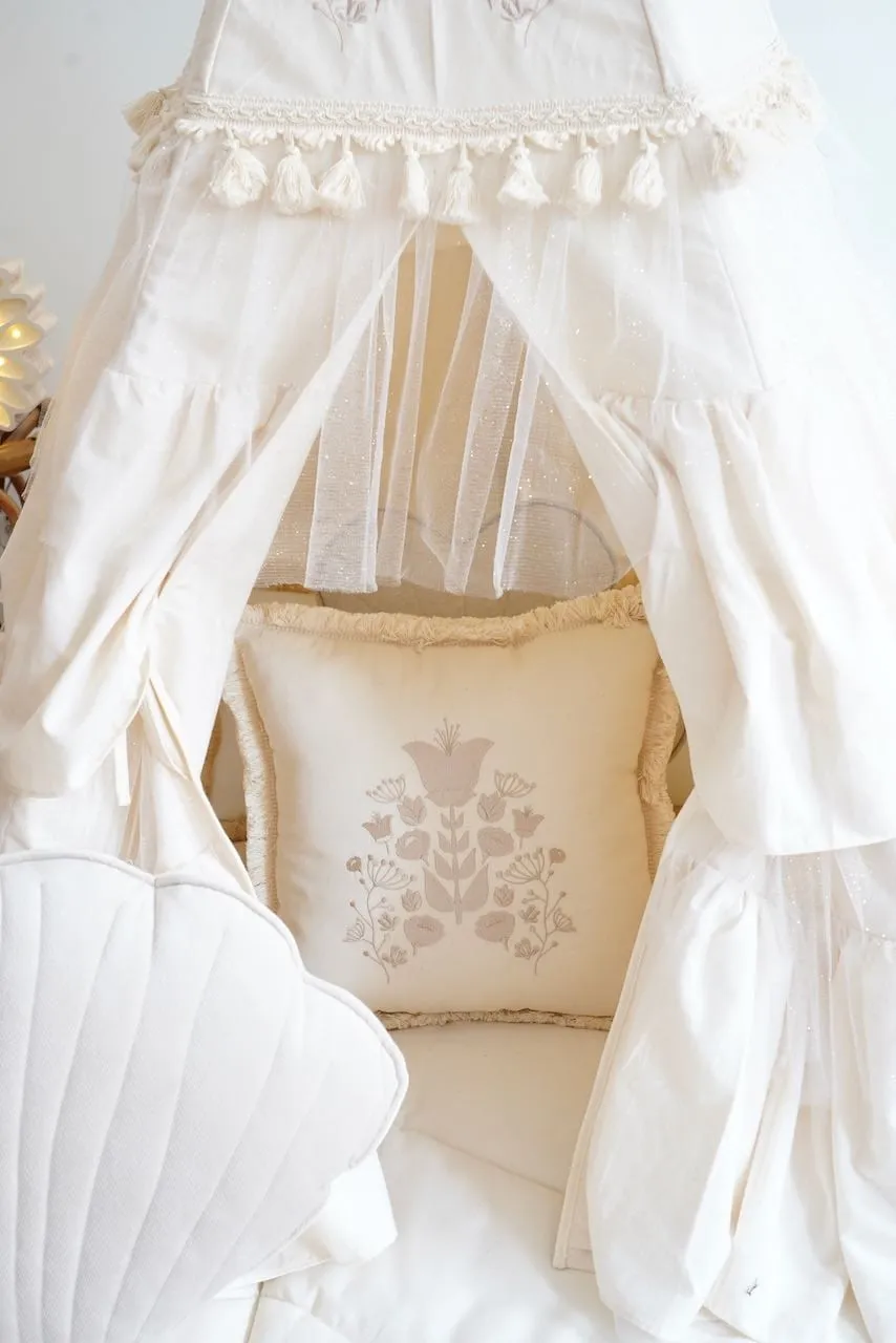 Boho Teepee With Glitter Frills And Embroidery - Beige