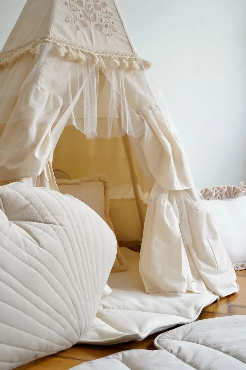 Boho Teepee With Glitter Frills And Embroidery - Beige