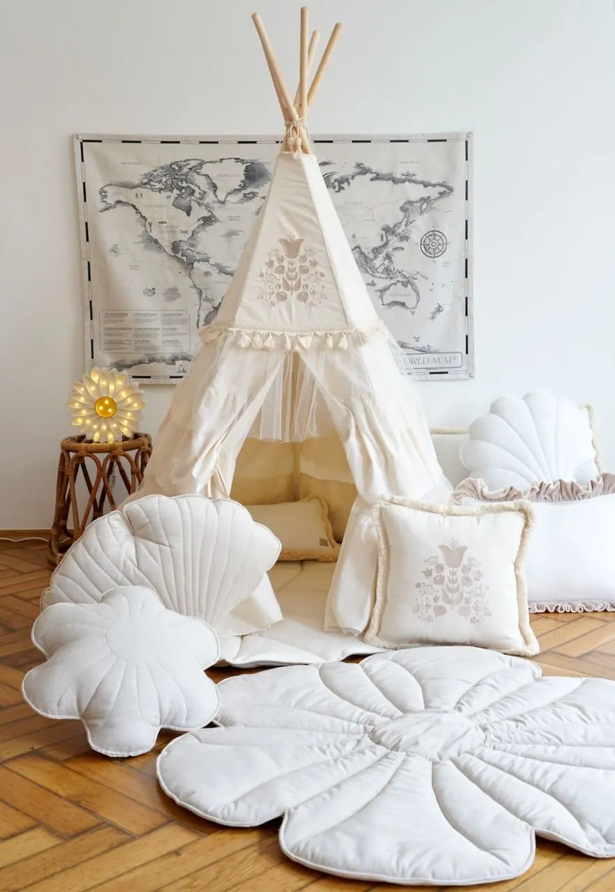 Boho Teepee With Glitter Frills And Embroidery - Beige
