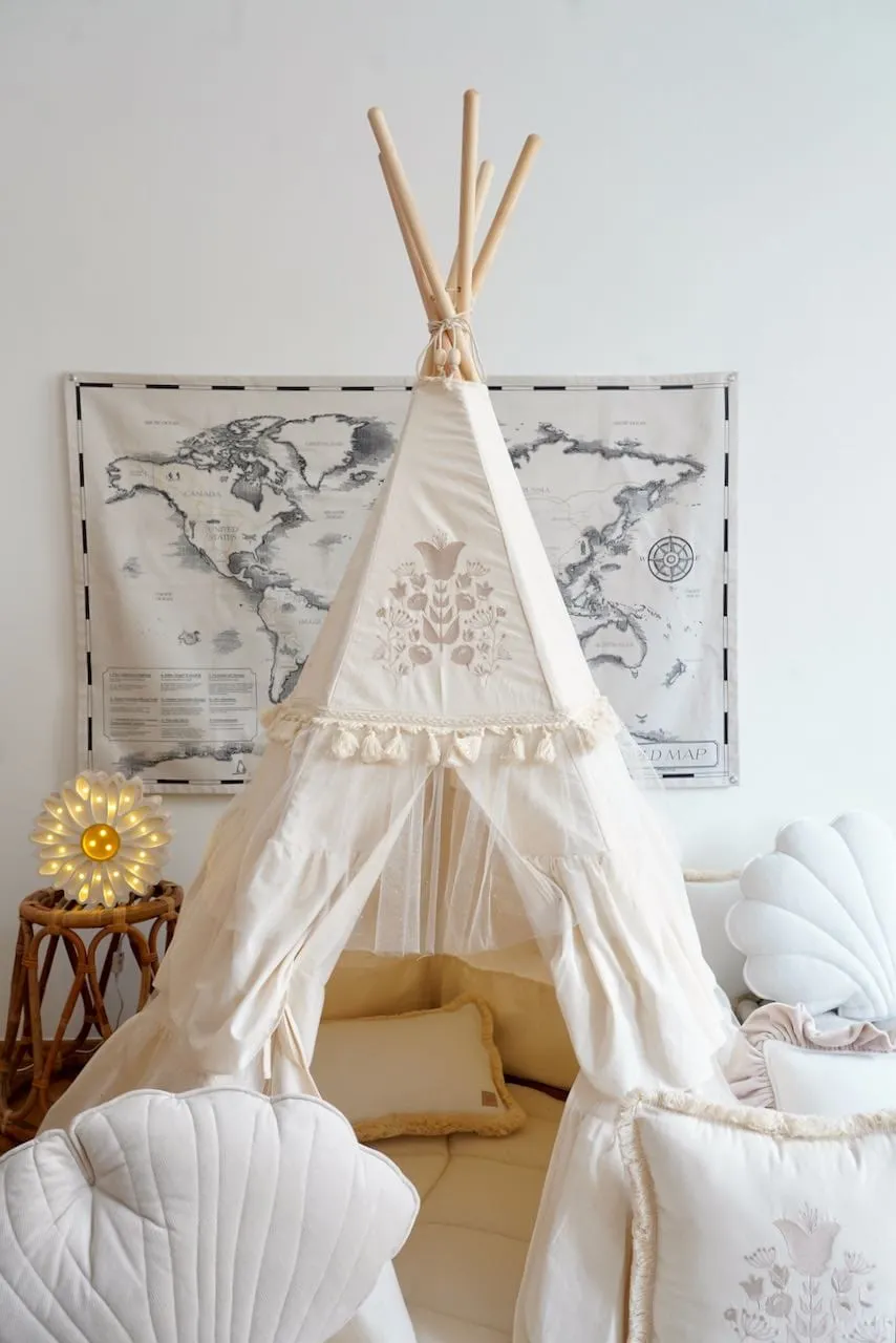 Boho Teepee With Glitter Frills And Embroidery - Beige
