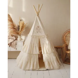 Boho Teepee With Glitter Frills And Embroidery - Beige