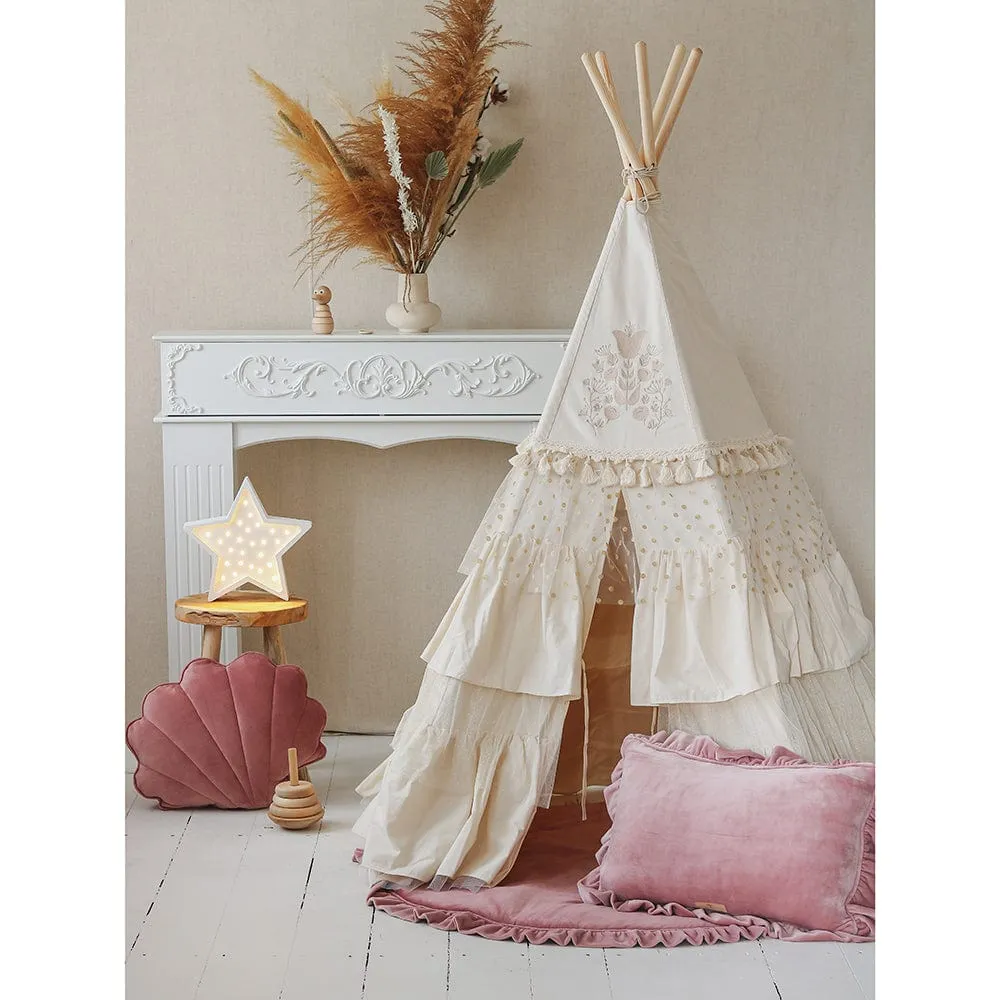 Boho Teepee With Glitter Frills And Embroidery - Beige