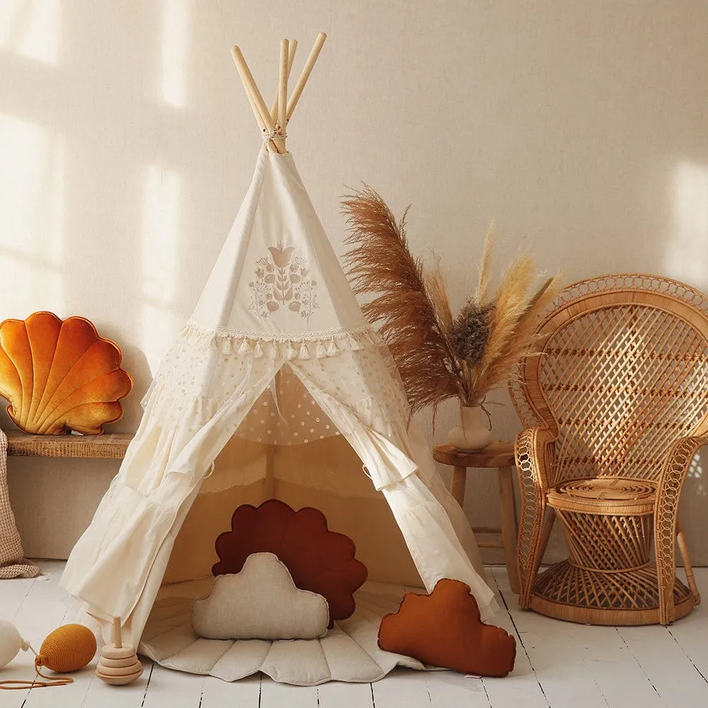 Boho Teepee With Glitter Frills And Embroidery - Beige