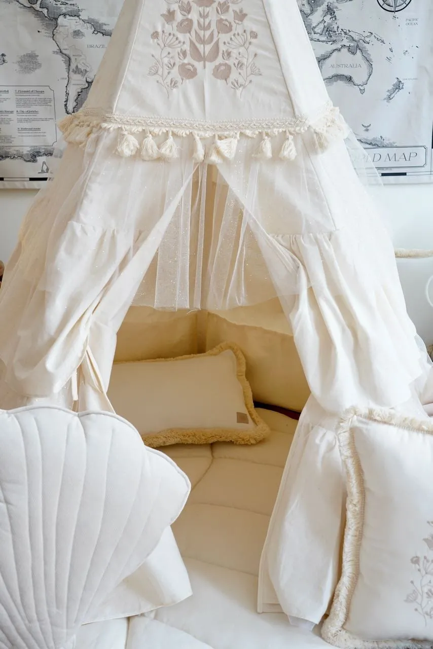 Boho Teepee With Glitter Frills And Embroidery - Beige